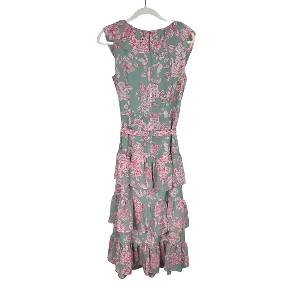 Eliza J Tie Waist Tiered Midi Dress Mint Green Pink Floral Size 4 Wedding Party - Picture 6 of 13